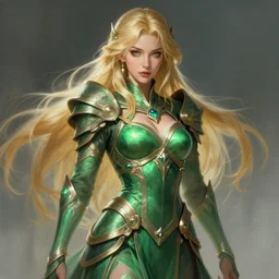 A blonde emerald warrior, beautiful and realistic face, sexy gaze, fantasy illustration, full body, in the style of Frank Neidhardt, epic, fantasy, intricate, elegant, amazing detail, digital painting, artstation, concept art, smooth, sharp focus, illustration