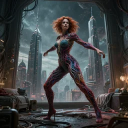 rgb, woman, dynamic pose, skyscrapers, on an alien planet, movie scene, inspired by zdzislaw beksinski, clothes made out of veins,, cables everywhere, bedroom, ultra realistic, concept art, intricate details, highly detailed, photorealistic, octane render, 8 k