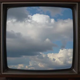 old television with broken screen, clouds on a tv screen