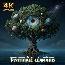 a tree from which planets or galaxies hang instead of fruits, the tree is on top of a calm sea, in the background there is an eye whose iris coincides with the tree. fantasy art, horror, nightmare, photo realistic, dynamic lighting, artstation, poster, volumetric lighting, very detailed faces, 4 k, award winning