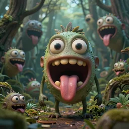 of an intricate forest with strange cute friendly happy creatures with huge eyes, mouth, long tongue, round teeth and goofy face, appearing from the background, in the style of gehry and gaudi, macro lens, shallow depth of field, ultra detailed, digital painting, trending artstation, concept art, illustration, cinematic lighting, photorealism, epic, octane render