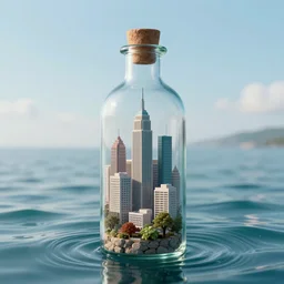 a city inside a bottle, floating in the sea, digital art, trending on artstation