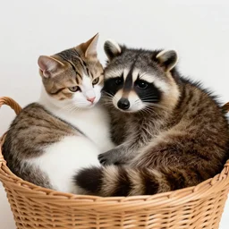 a beautiful and realistic picture of a cat and a raccoon cuddling in a basket with a red sunset behind, photo realistic 4K, shot with a 35mm, very detailled, trending on Artstation