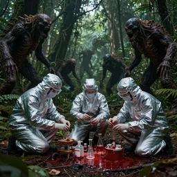 scientists in a silver suit collecting samples in the jungle, the ground is covered in blood, mosnters lurking in the shadows, award winning photograph, sci - fi, horror, creepy, highly detailed