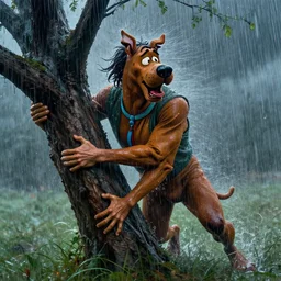 by kent monkman saturated gucci, scooby doo. a body art of a man caught in a storm, buffeted by wind & rain. he clings to a tree for support, but the tree is bent by the force of the storm. he is soaking wet. his face is contorted with fear & effort.