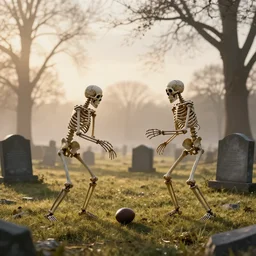 two skeletons playing football in a graveyard at dawn