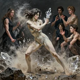 highly detailed photography of a strong women fighting, crystals, dust particles, big rocks, sharp focus, dramatic scene, aesthetic, dynamic lighting, elegant, harmony, masterpiece, by jenny saville, by ben aronson, by james jean, by roberto ferri, by jeremy mann, by lucian freud, by kent williams, high quality