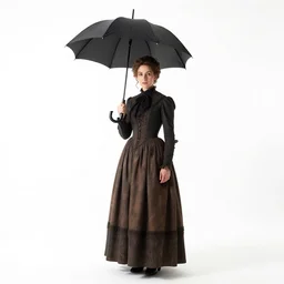 rugged victorian lady with parasol, studio photography, full body, standing, isolated on a pure white background, centered, whole figure in frame, sharp focus, studio lighting