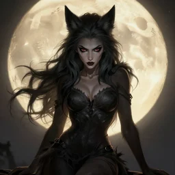 attractive female werewolf with a seductive look basking in the moonlight, highly detailed, artstation, intricate, smooth, sharp focus, dark, horror, illustration, art by greg rutkowski, good clear quality, dynamic lighting, warm lighting, symmetrical artwork, cinematic, hyper realism, high detail, octane