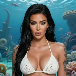 tattooed Kim Kardashian wearing a tiny crochet bikini, atlantis in the background, one eye wink, highly detailed face, realistic face, beautiful detailed eyes, fantasy art, in the style of greg rutkowski, illustration, epic, fantasy, intricate, hyper detailed, artstation, concept art, smooth, sharp focus, ray tracing, vibrant,