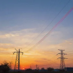 colorful bouncing wires on power lines at sunset, beautiful painting, realistic, 4 k, trending on artstation