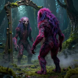 beautiful digital fantasy illustration of a creepymania creature standing in front of a mirror, concept art by Alex Horley-Orlandelli, scary, dark, fantasy, renderman render, 3D, photorealistic, concept art, complementary color, vibrancy color, high detail texture, unreal engine, 8k, misting, moss, fantasy forest environment, vivid, intense, Photographic quality, ultra hyper realistic quality, 8k definiton, hyper-realistic, cinematic, cinematic lighting