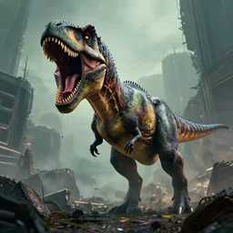 front view of a roaring dinosaur, saliva, fallout 5, cyber punk, symmetry, post apocalyptic setting