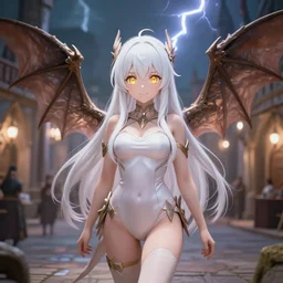 a very beautiful anime girl with dragon wings in a medieval town square , full body, long white hair, golden watery eyes, full round face, short smile, cinematic lightning, medium shot, mid-shot, highly detailed, trending on artstation, Gaussian blur, depth of field, Unreal Engine 4k, Stanley Artgerm Lau, WLOP, Rossdraws, James Jean, Andrei Riabovitchev, Marc Simonetti, and Sakimichan