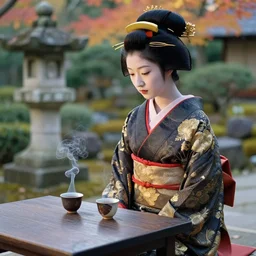 garden, geisha, traditional japanese 🫖, two smoky cup of tea on a wood table, old concrete statue, smoky autumn lightings, japanese garden background, micro details, ( ( ( intricate ) gold details ) ), photorealism, crisp, hasselblad camera, by annie leibovitz