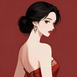 gorgeous woman with silver earrings, wearing an elegant dress, side view, red and white colors, in the style of greg rutkowski, anime artstyle, intricate