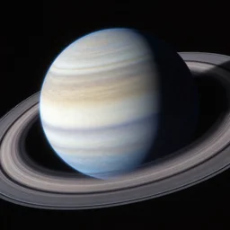 a gas planet nasa photo in space, white grey and light blue with many rings at different heights