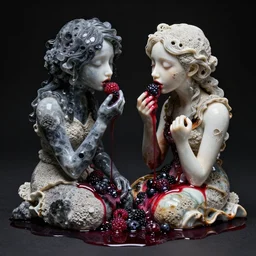 queer sculpture of two emo girls eating berries, made from obsidian and and pumice and japanese glazed pottery and glass, melting, burnt, sensual, in a puddle of berry juice, black background, zen,