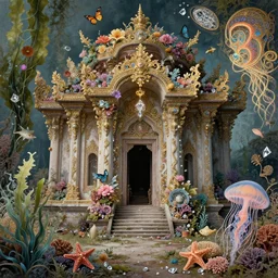 hyperrealistic detailed vintage photo of an abandoned temple, with flowers, butterflies, corals, sea kelp, sea plants, fish, starfish, jellyfish, diamonds, filaments, golden filigree, neon lights, art by ernst haeckel, john william godward, hammershøi, alphons mucha, pontormo, ornamental, decorative, lights by hopper, pastel deep colours,
