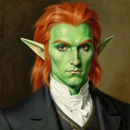 detailed painting by jc leyendecker, ganondorf from legend of zelda as an elegant gentleman, highy detailed face, high quality suit, style of jc leyendecker, intricate, soft lighting, beautiful art, green skin, red hair h 6 4 0