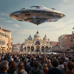 an alien ufo high tech spaceship landing on italy venice city landscape with beautiful temples by greg rutkowski, artgerm, ross tran, magali villeneuve, intricate, time travel theme, audince in awe, spectacle, audience sorrounding, award winning, octane render, masterpiece, 8 k