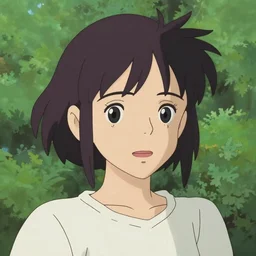 Character portrait of a young woman in a lush park, simple facial features, expressive eyes, highly detailed, cel shading, Studio Ghibli still, by Makoto Shinkai and Akihiko Yoshida