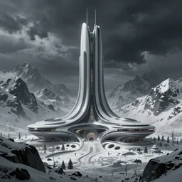 futuristic atmosphere in the snowy mountains 3 d concept art, cinematic lighting, bladerunner scene, intricate details, building by zaha hadid, stormy weather, emissary space by arthur haas and bruce pennington and john schoenherr, cinematic matte painting, dark moody monochrome colors, trending on artstation, featured on behance