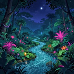 a beautiful landscape, Neon Jungle, river, night, stars, chmury, detailed illustration, digital art, overdetailed art, concept art, Sylvain Sarrailh, Dan Mumford, Sebastian Luca, Greg Rutkowski,  trending on artstation
