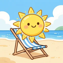 drawing of a happy sun as character, on a chair beach