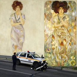 4 0 s cop near an accident scene on a road, elegant, high quality, striking, high contrast, very detailed, bright colours, smooth, fluid, coherent, high quality, dramatic lighting, by mort kunstler and alex ross and magali villeneuve and mucha