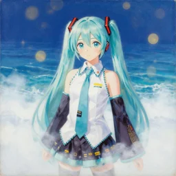 an oil painting of a nostalgic nacar and tortoiseshell very very very very scarlet Hatsune Miku surrounded by the ocean dreamy autochrome pinhole photography futuristic y2k white pure estructure liminal, white fog painting, glided golden paper HD bokeh lighting chiaroscuro vaporwave 80s nostalgic