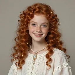 portrait of teenage aphrodite, light freckles, curly copper colored hair, smiling kindly, wearing an embroidered white linen dress, lace neckline, intricate, elegant, mother of pearl jewelry, glowing lights, highly detailed, digital painting, artstation, concept art, smooth, sharp focus, illustration, art by wlop, mucha, artgerm, and greg rutkowski