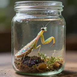 photo of a glass jar with sparkling beautiful praying mantises inside. Fantasy magic style. Highly detailed 8k. Intricate. Nikon d850 55mm. Award winning photography.