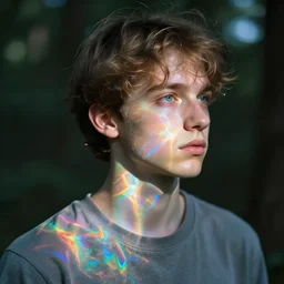 “Ivan the wholesome prismatic person, refracted light, caustics, light rays shining through, 4k photo”