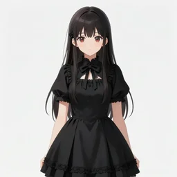 anime portrait of a young girl wearing a black pleated gothic dress and choker posing in a cafe interior, cute face by yoshinari you and ilya kuvshinov, kyoto animation, kawaii, manga,, beautiful, vibrant, jean giraud, gradation, dyanamic perspective, dynamic pose, bright colors