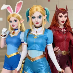 crossover cosplay between lola bunny, princess zelda, harley quinn and scarlett witch
