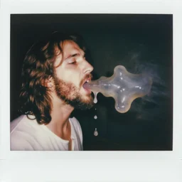 Jesus wasted at party projectile vomiting translucent chunky liquid. Polaroid.