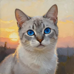 painting of Ashfur from Warrior Cats, a light gray cat with dark specks and blue eyes, blue eyes!, golden hour, classical style, art by Kenne Gregoire and Paul Gustav Fischer and Ross Tran and Greg Rutkowski