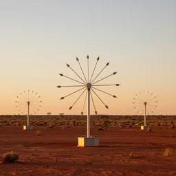 weather station, multiple radial shaped, atmospheric water extractor, array technology, in the red australian desert, dawn's natural light, high quality photograph, shallow depth of field, simple composition, symmetrical, golden ratio