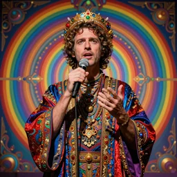 a cinematic portrait of eric andre performing a sacred occult ritual of monologue in the style of gustave dore, rainbow color scheme, psychedelic, detailed, clear, crisp, deep focus, ornate,