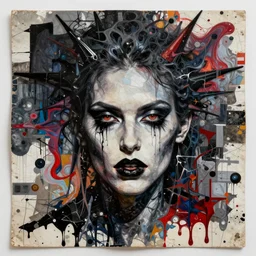 the darkest sinner in the parallel universe detailed mixed media collage, assemblage, conteporary art, punk art, single realistic face, expressionism, masterpiece, perfect composition, spectacular quality, intricate flowing paint
