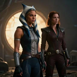cinematic still image screenshot portrai ahsoka tano is listening / mara jade stands by / dramatic scene from force awakens crisp 4 k imax, kodak film stock, moody iconic scene, directed by jj abrams, beautiful glowing backlit
