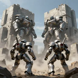 armored core mechas battle between gigantic concrete buildings, concept art by theo prins, volumetric light, smoke