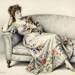 Louis Icart, an old elaborate colored drawing of a woman laying eloquently on a sofa holding a puppy, wearing flowing dress with floral motifs, by Louis Icart, highly detailed, masterpiece