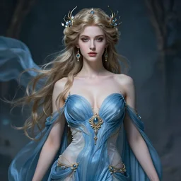 aphrodite goddess beautiful blue gown very sensual, high resolution, uhd, digital illustration, in the style of greg rutkowski, fantasy, amazing detail, epic, intricate, elegant, perfect symmetrical face, hyper realistic, hyperdetailed, style of laura sava, smooth, deep focus