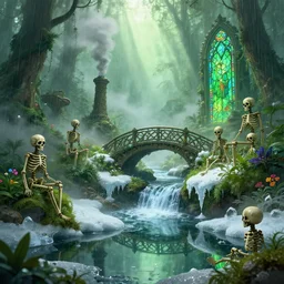 martian landscape with skeletons, ornate, beautiful, atmosphere, vibe, mist, smoke, chimney, rain, reflection, pristine, puddles, waterfall, melting, dripping, snow, creek, lush, ice, bridge, green, stained glass, forest, flowers, concept art illustration, color page, 4 k, tone mapping, doll, akihiko yoshida, james jean, volumetric lighting, sunbeams, particles, trending on artstation
