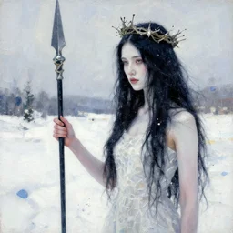a tall woman with very black hair and pale skin with a crown and a spear in her hand in a snowy landscape, fine art, splatter paint, impressionist mosaic, light art, complimentary - colors, tones of black in background, 2. 5 - dimensional, cinematic lighting, by claude monet, by pre - raphaelite brotherhood : : john everett millais gustav klimt