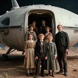 sharp, 35mm still from a sci fi blockbuster movie made in 222, set in 1860, of a family leaving a spaceship, that has just landed on an alien planet, wearing 1850s era clothes, cinematic lighting, 4k, in focus faces, oscar winner, high quality photography