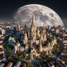 a dream kingdom capitol city on the moon designed by Eastern European psychopaths bird’s eye view, sunrise, long shadows, trending on Unreal Engine 5, photorealistic, stunning, award winning photo