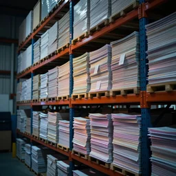 a warehouse with huge shelves in which stacks of paper are stored, atmosphere, glow, detailed, intricate, full of colour, cinematic lighting, trending on artstation, 4 k, hyperrealistic, focused, extreme details, unreal engine 5, cinematic, masterpiece, moody lighting, by greg rutkowski, wlop, artgerm, trending on artstation, concept art, sharp focus, ray tracing